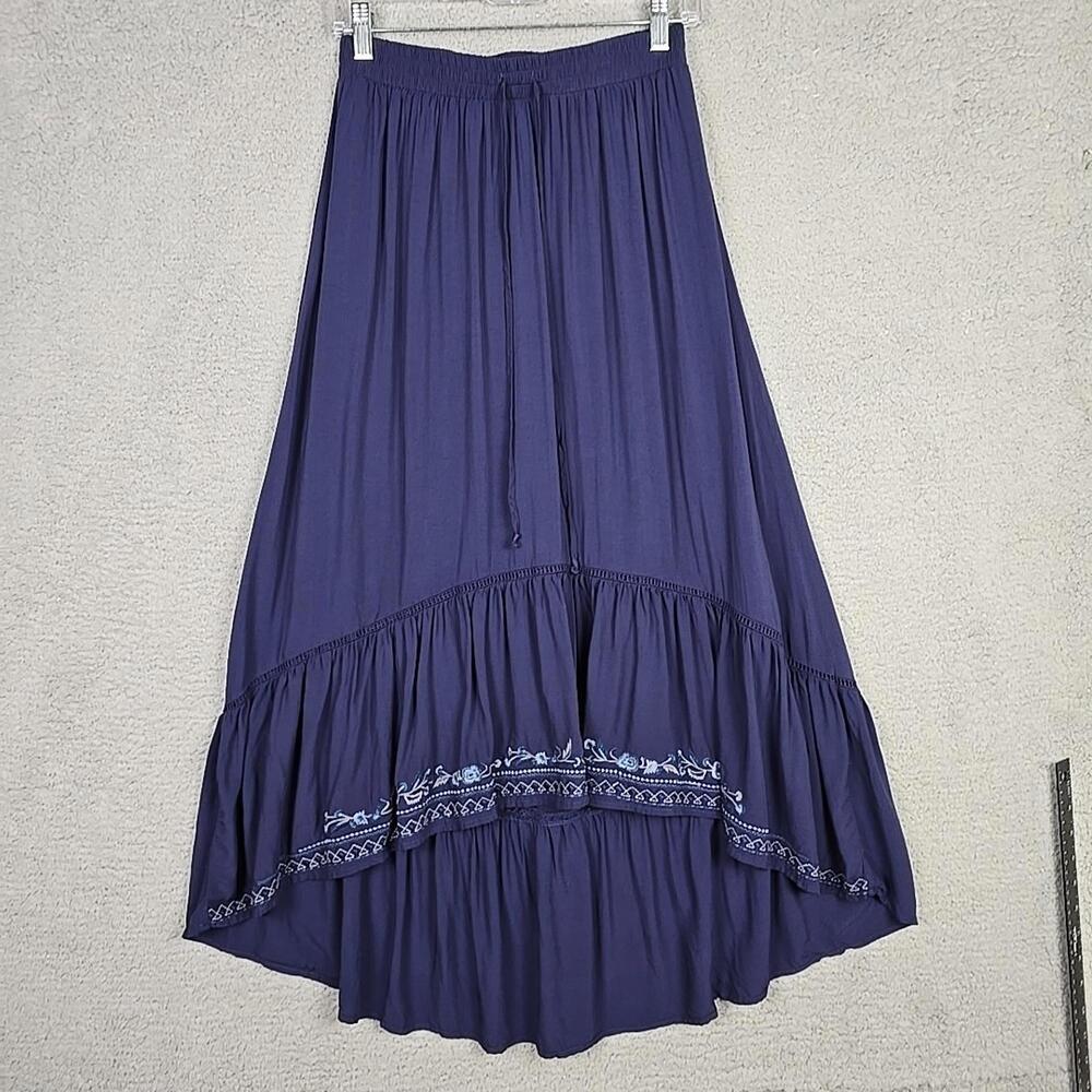 Knox Rose Women’s Maxi Skirt Sz S Blue Pull On Elastic asymmetrical with embroid